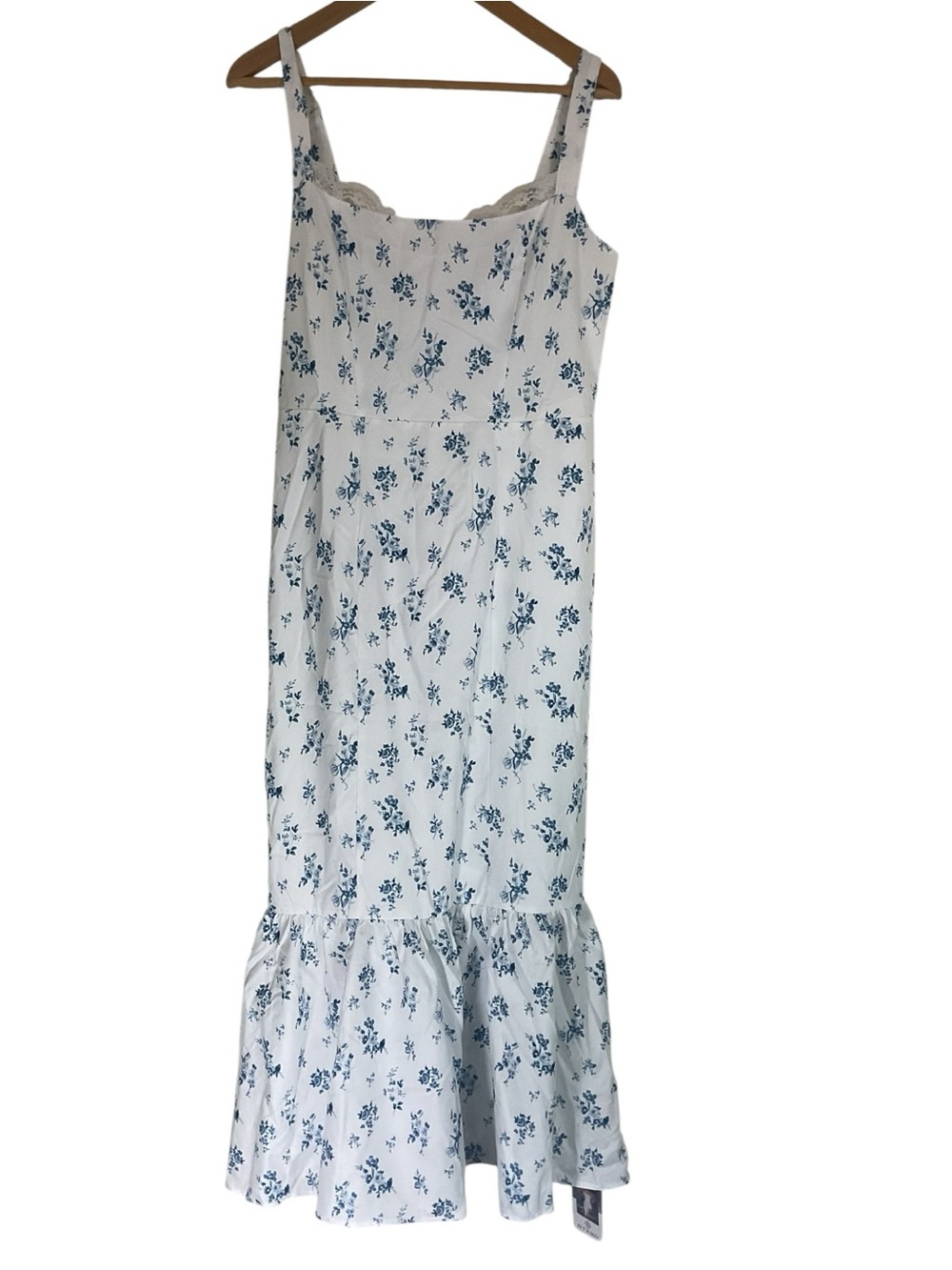 Women’s Blue Floral Maxi Dress White Cottagecore Square Neck Lace Trim Sundress